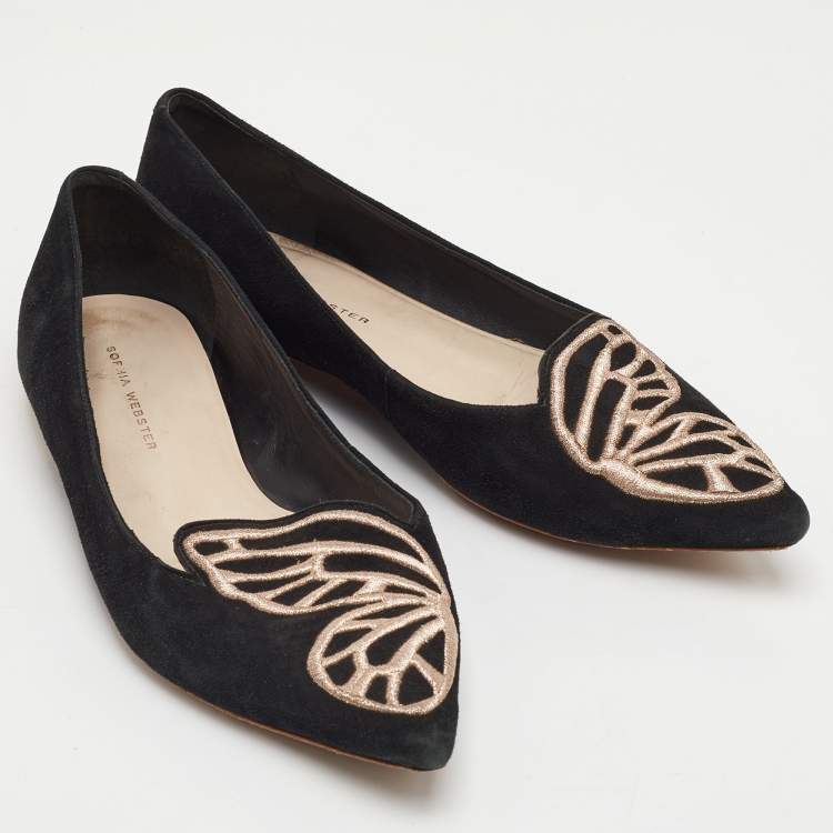 Pre Owned Sophia Webster Bibi Butterfly Size 38 Black Embroidered Suede Pointed Toe Ballet Flats