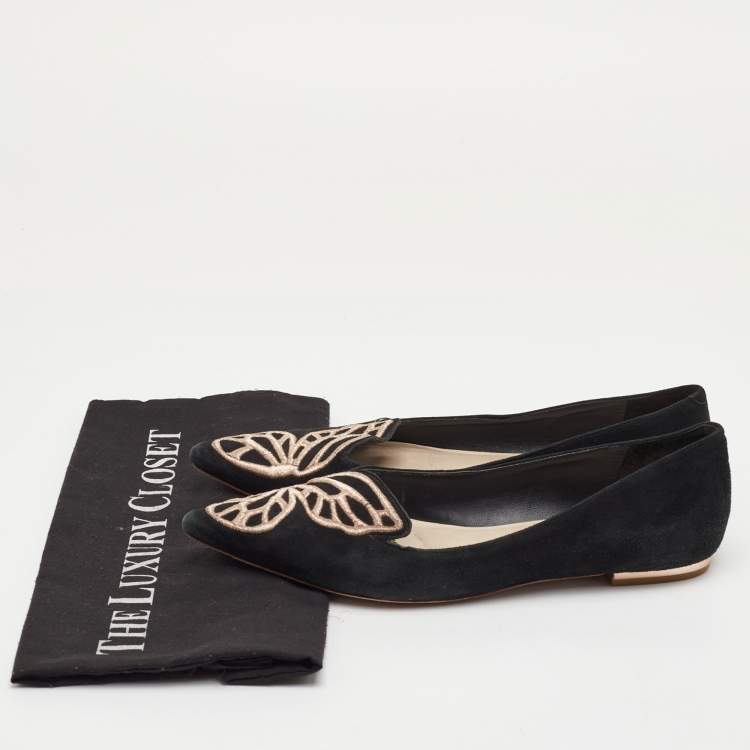 Pre Owned Sophia Webster Bibi Butterfly Size 38 Black Embroidered Suede Pointed Toe Ballet Flats