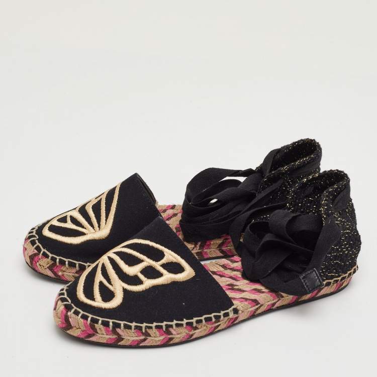 Pre Owned Sophia Webster Bibi Butterfly Size 35 Black Canvas Espadrille Ankle Strap Sandals