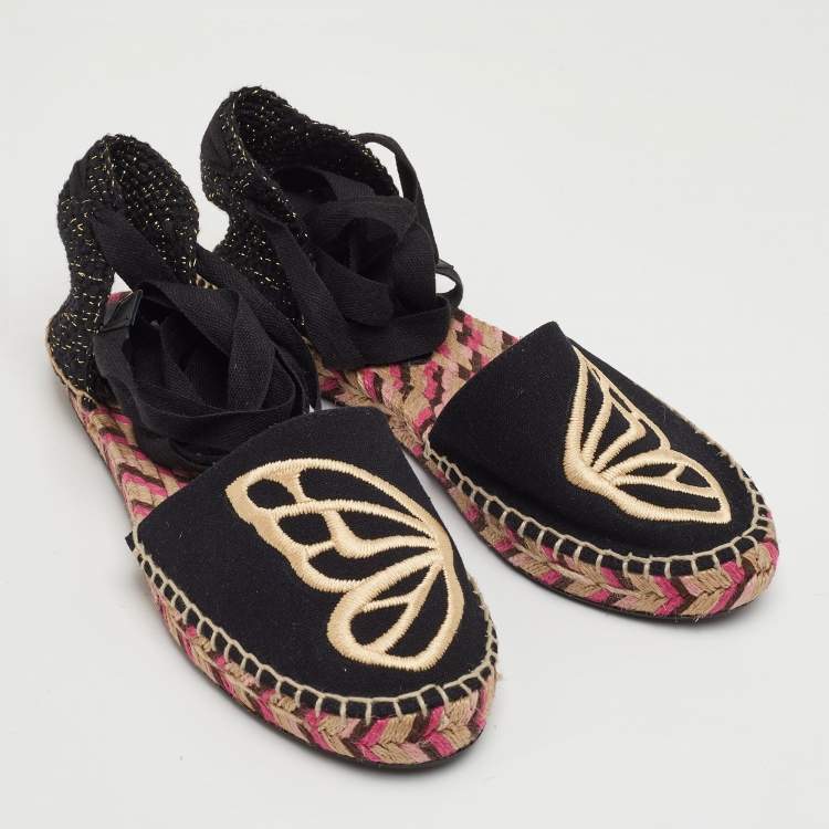 Pre Owned Sophia Webster Bibi Butterfly Size 35 Black Canvas Espadrille Ankle Strap Sandals