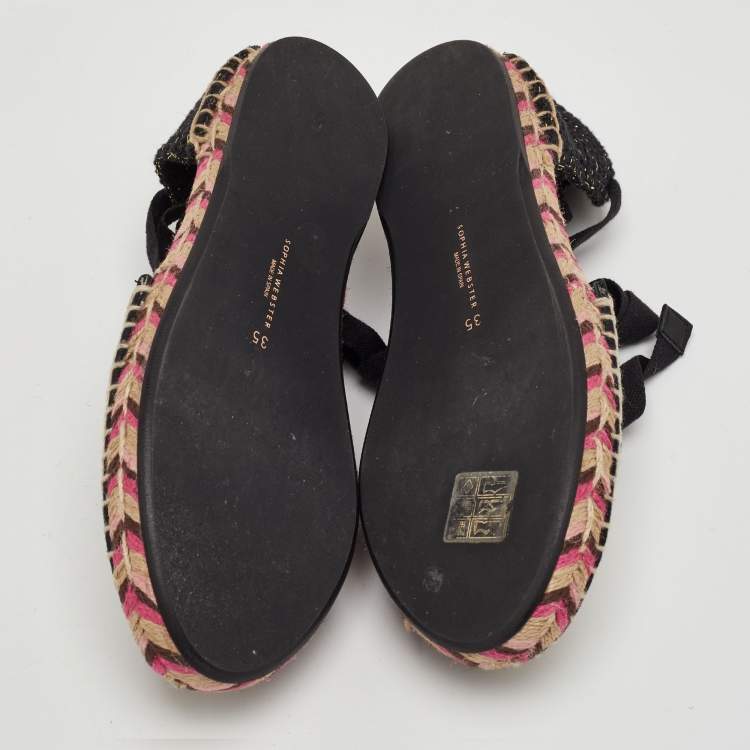 Pre Owned Sophia Webster Bibi Butterfly Size 35 Black Canvas Espadrille Ankle Strap Sandals