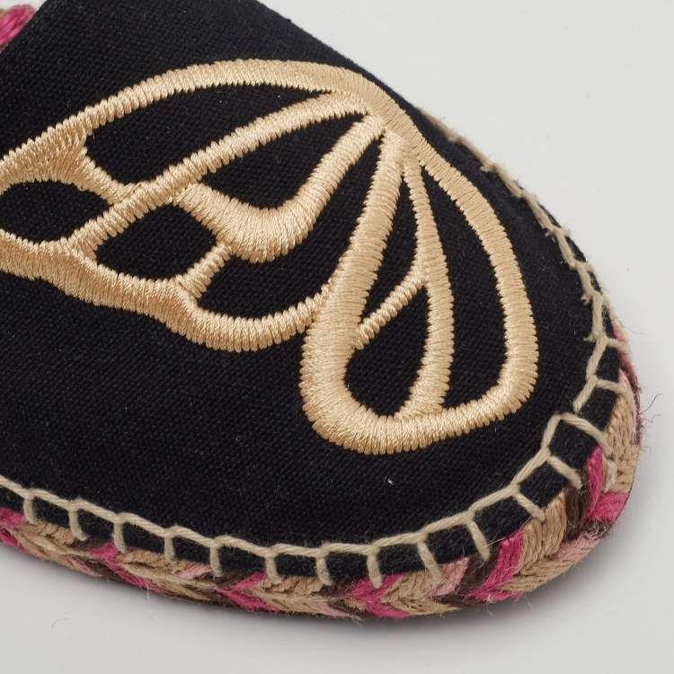 Pre Owned Sophia Webster Bibi Butterfly Size 35 Black Canvas Espadrille Ankle Strap Sandals