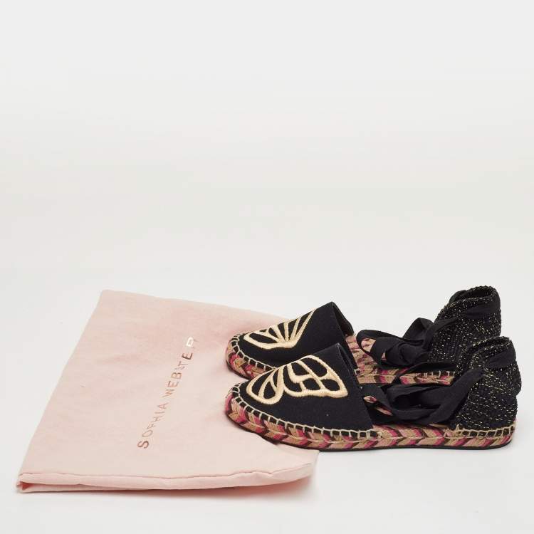 Pre Owned Sophia Webster Bibi Butterfly Size 35 Black Canvas Espadrille Ankle Strap Sandals