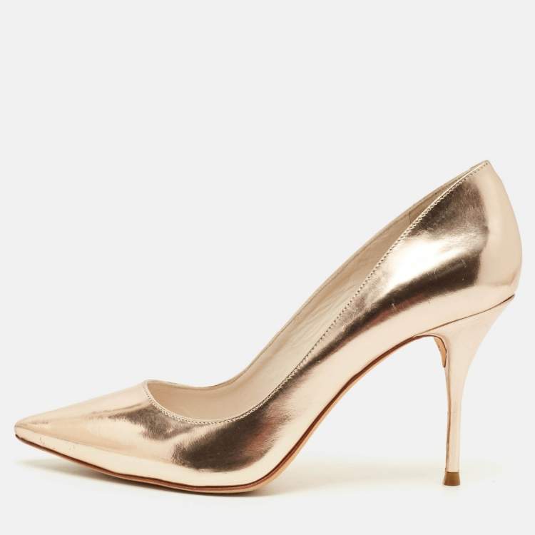Pre Owned Sophia Webster Coco Flamingo Size 37.5 Metallic Rose Gold Leather Pointed Toe Pumps