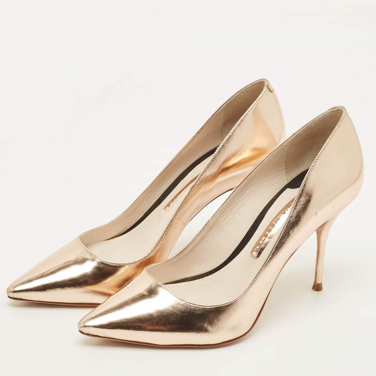 Pre Owned Sophia Webster Coco Flamingo Size 37.5 Metallic Rose Gold Leather Pointed Toe Pumps