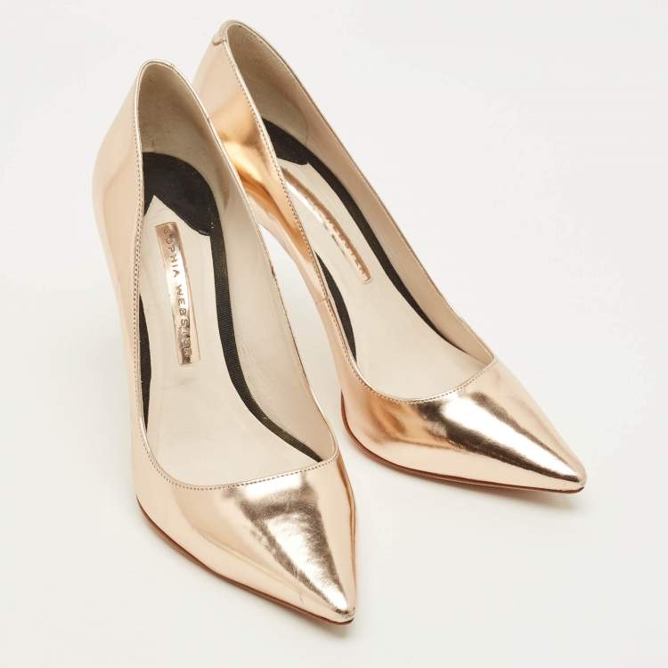Pre Owned Sophia Webster Coco Flamingo Size 37.5 Metallic Rose Gold Leather Pointed Toe Pumps