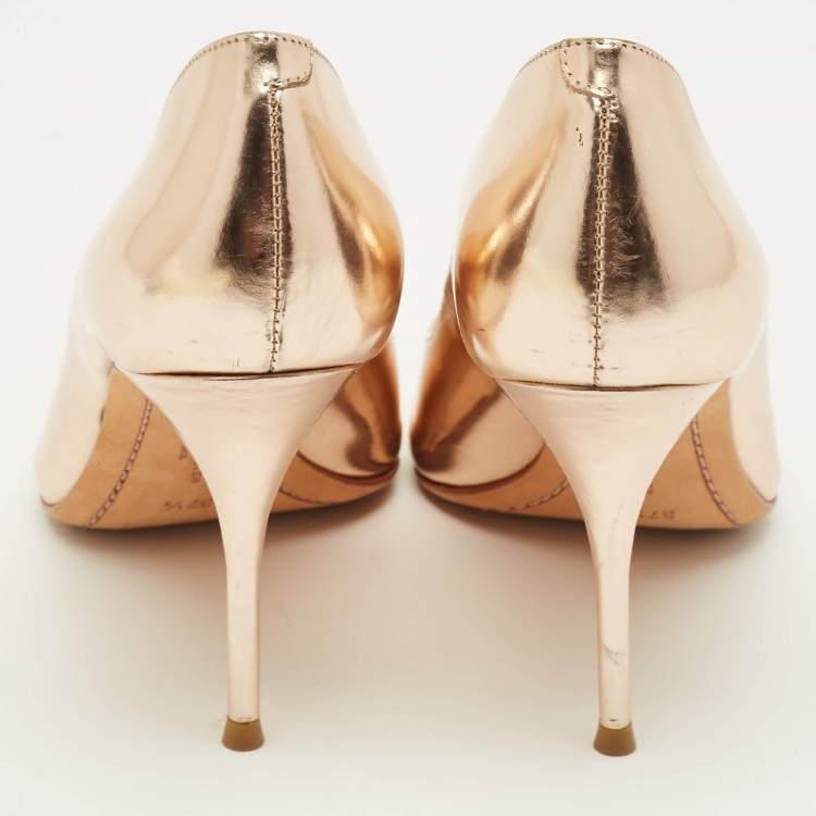 Pre Owned Sophia Webster Coco Flamingo Size 37.5 Metallic Rose Gold Leather Pointed Toe Pumps