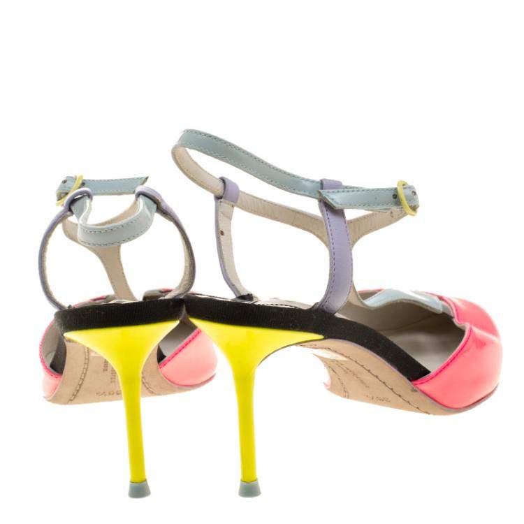 Pre Owned Sophia Webster Multicolor Patent Leather T Straps Pointed Toe Sandals Size 36.5