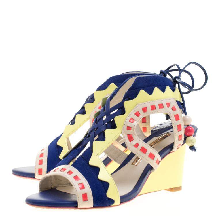 Pre Owned Sophia Webster Multicolor Leather and Suede Raya Wedge Sandals Size 36
