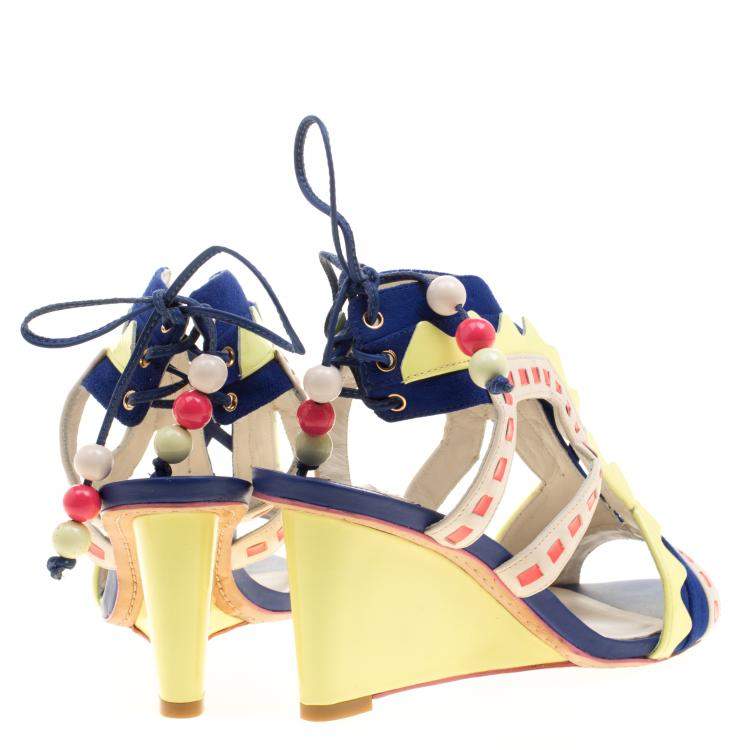 Pre Owned Sophia Webster Multicolor Leather and Suede Raya Wedge Sandals Size 36