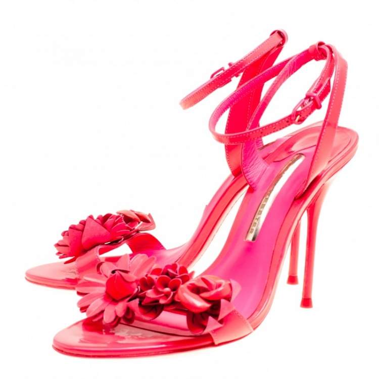 Pre Owned Sophia Webster Fluorescent Pink Patent Leather Lilico Floral Embellished Ankle Wrap Sandals Size 38