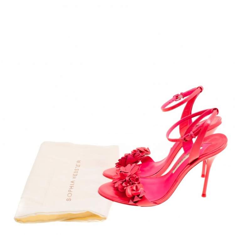Pre Owned Sophia Webster Fluorescent Pink Patent Leather Lilico Floral Embellished Ankle Wrap Sandals Size 38
