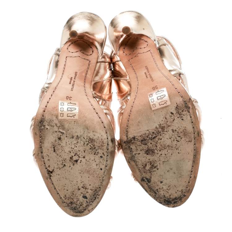 Pre Owned Sophia Webster Metallic Rose Gold Leather Lacey Tie Up Sandals Size 38