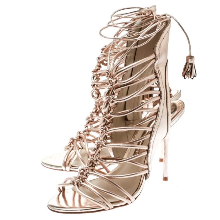 Pre Owned Sophia Webster Metallic Rose Gold Leather Lacey Tie Up Sandals Size 38