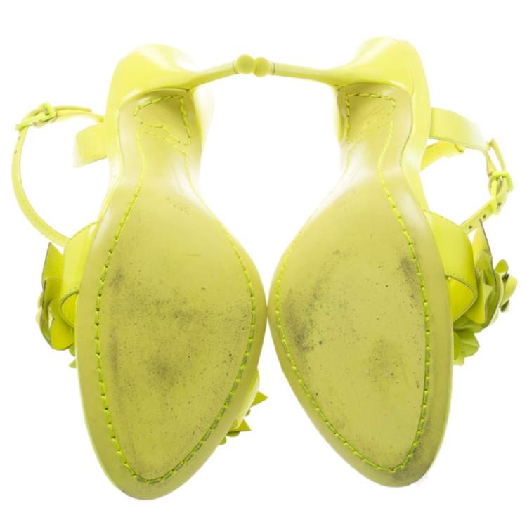 Pre Owned Sophia Webster Neon Green Leather Lilico Floral Embellished Ankle Wrap Sandals Size 36.5