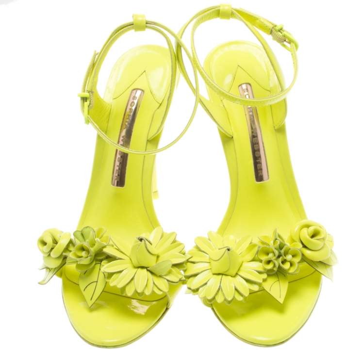 Pre Owned Sophia Webster Neon Green Leather Lilico Floral Embellished Ankle Wrap Sandals Size 36.5