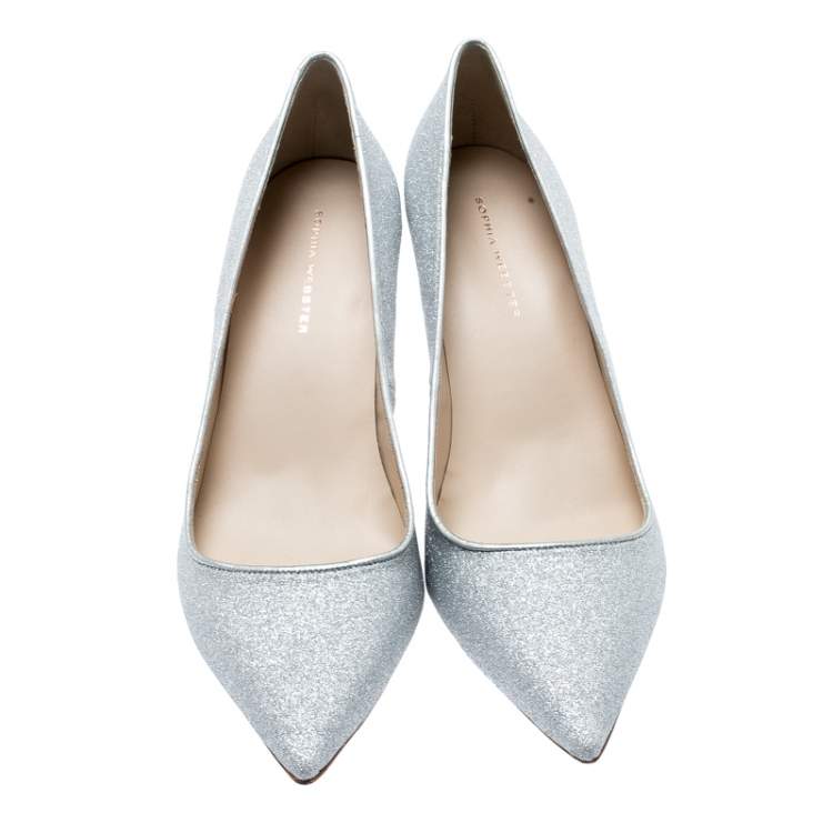 مملوكة مسبقًا Sophia Webster Metallic Silver Glitter Lola Pointed Toe Pumps Size 41.5