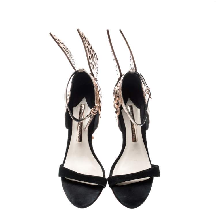 Pre Owned Sophia Webster Black Suede and Laser Cut Rose Gold Leather Evangeline Open Toe Sandals Size 35