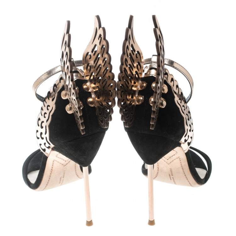 Pre Owned Sophia Webster Black Suede and Laser Cut Rose Gold Leather Evangeline Open Toe Sandals Size 35