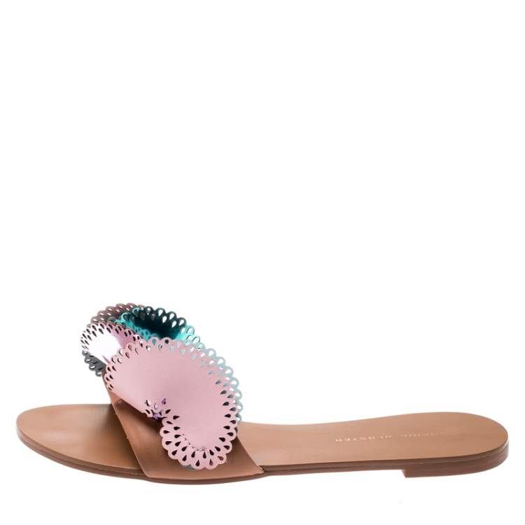 Pre Owned Sophia Webster Metallic Multicolor Laser Cut Leather Soleil Flat Slides Size 39