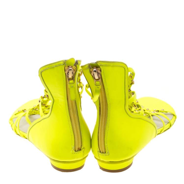 Pre Owned Sophia Webster Neon Green Leather Studded Flat Sandals Size 38
