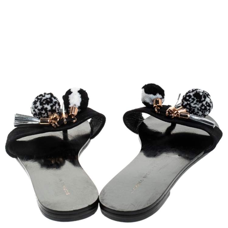 Pre Owned Sophia Webster Black Suede Jada Pom Pom Slide Flats Size 37