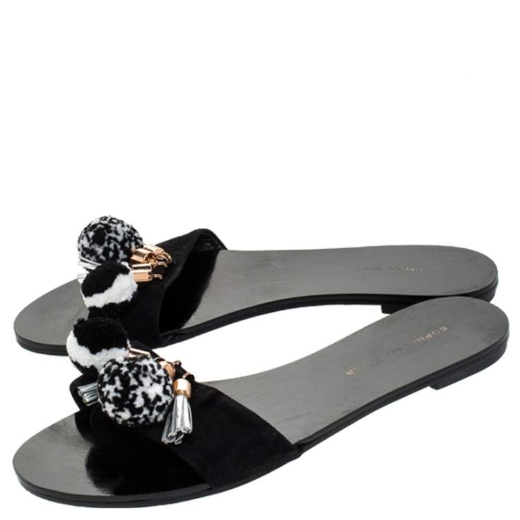 Pre Owned Sophia Webster Black Suede Jada Pom Pom Slide Flats Size 37