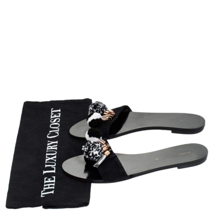 Pre Owned Sophia Webster Black Suede Jada Pom Pom Slide Flats Size 37