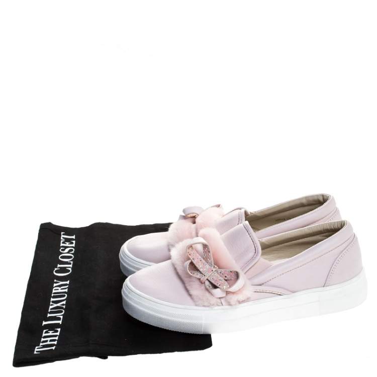 Pre Owned Sophia Webster Pink Leather And Fur Embellished Bow Slip On Sneakers Size 37