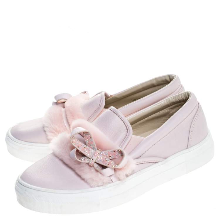 Pre Owned Sophia Webster Pink Leather And Fur Embellished Bow Slip On Sneakers Size 37