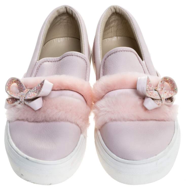 Pre Owned Sophia Webster Pink Leather And Fur Embellished Bow Slip On Sneakers Size 37