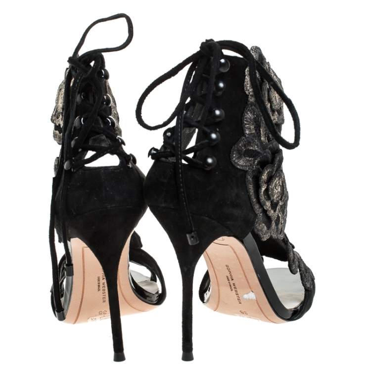Pre Owned Sophia Webster Black Suede And Lace Winona Embroidered Ankle Cuff Sandals Size 38 