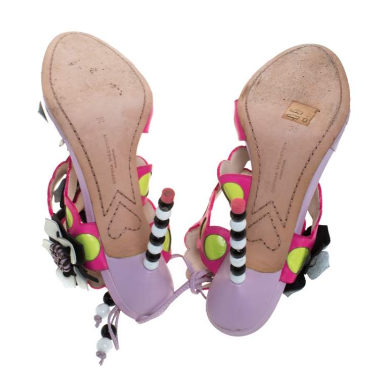Pre Owned Sophia Webster Multicolor Leather And PVC Amazona Ankle Wrap Sandals Size 38