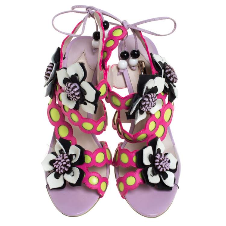 Pre Owned Sophia Webster Multicolor Leather And PVC Amazona Ankle Wrap Sandals Size 38