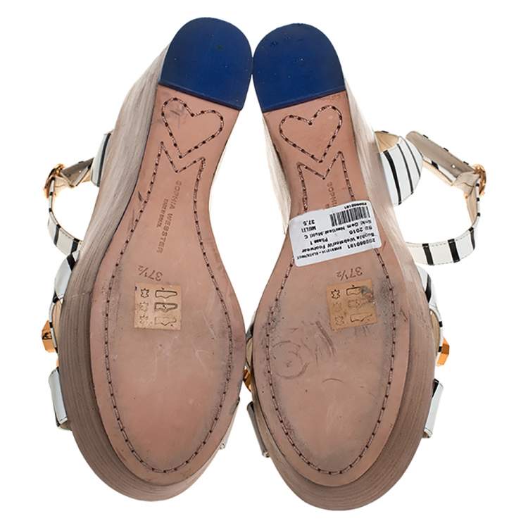 Pre Owned Sophia Webster White/Black Striped Leather Suki Gem Embellished Wedge Platform Sandals Size 37.5