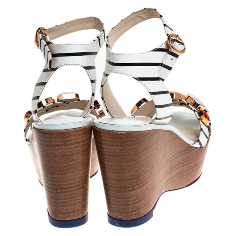 Pre Owned Sophia Webster White/Black Striped Leather Suki Gem Embellished Wedge Platform Sandals Size 37.5