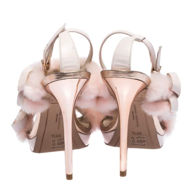 Pre Owned Sophia Webster Pink Faux Fur And Leather Bella Bow Embellished Ankle Strap Sandals Size 38.5