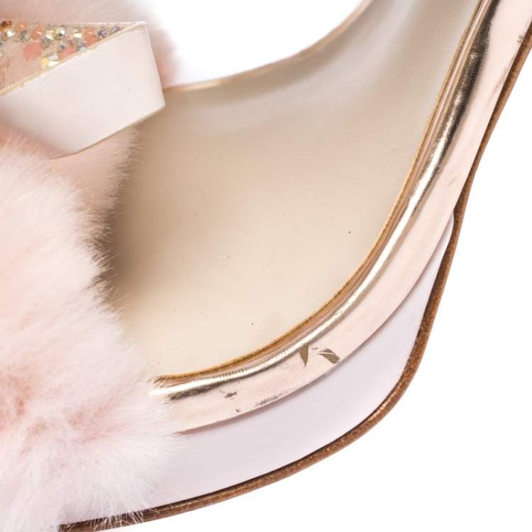 Pre Owned Sophia Webster Pink Faux Fur And Leather Bella Bow Embellished Ankle Strap Sandals Size 38.5