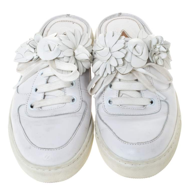 Pre Owned Sophia Webster White Leather Flower Embellished Mule Sneakers Size 36.5