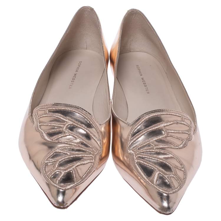 Pre Owned Sophia Webster Metallic Rose Gold Leather Bibi Butterfly Pointed Toe Ballet Flats Size 39