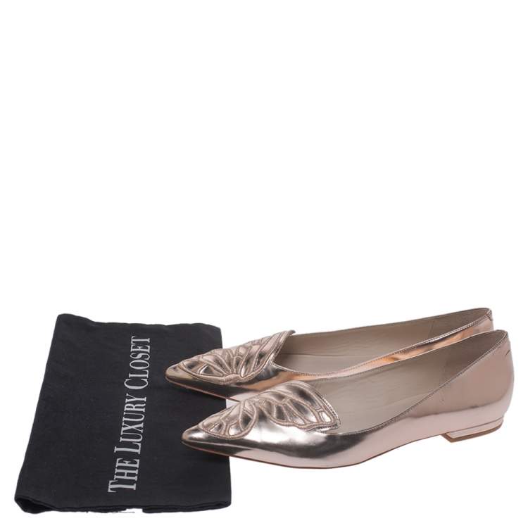 Pre Owned Sophia Webster Metallic Rose Gold Leather Bibi Butterfly Pointed Toe Ballet Flats Size 39