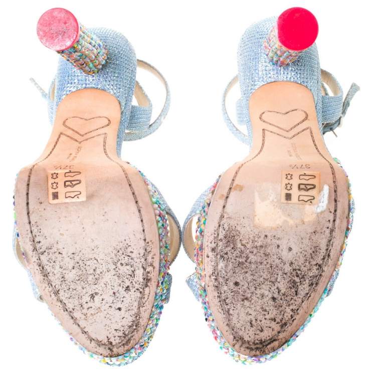 مملوكة مسبقًا Sophia Webster Blue Glitter Fabric Loren Dreamy Crystal Embellished Platform Sandals Size 37.5