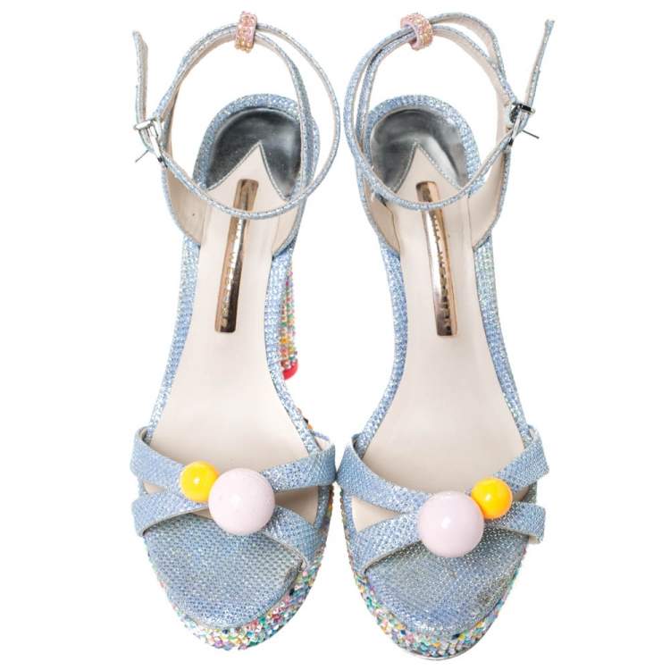 مملوكة مسبقًا Sophia Webster Blue Glitter Fabric Loren Dreamy Crystal Embellished Platform Sandals Size 37.5