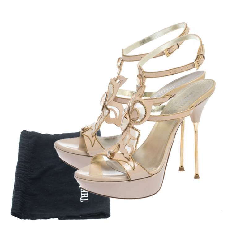 Pre Owned Loriblu Pink Patent Leather Crystal And Chain Embellished Cut Out Platform Sandals Size 37
