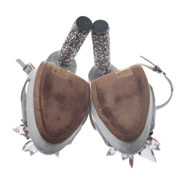 مملوكة مسبقًا Sophia Webster Silver Velvet Glacia Embellished Platform Ankle Strap Sandals Size 35.5