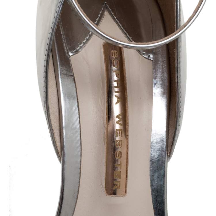 Pre Owned Sophia Webster Metallic Silver Leather Maya Crystal Embellished Bow Ankle Strap Sandals Size 37.5