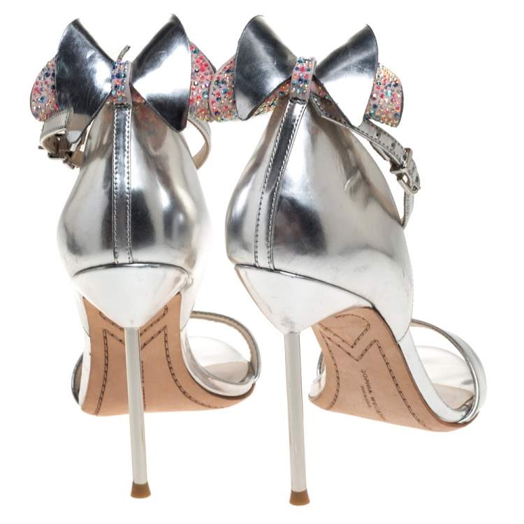 Pre Owned Sophia Webster Metallic Silver Leather Maya Crystal Embellished Bow Ankle Strap Sandals Size 37.5