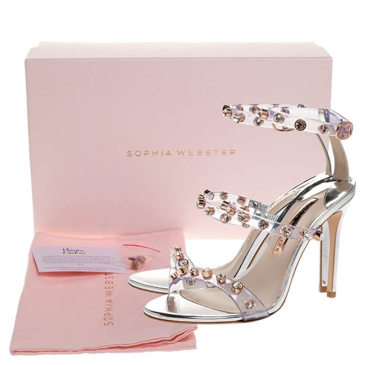 Pre Owned Sophia Webster Sliver Leather And PVC Crystal Embellished Ankle Strap Sandals Size 37