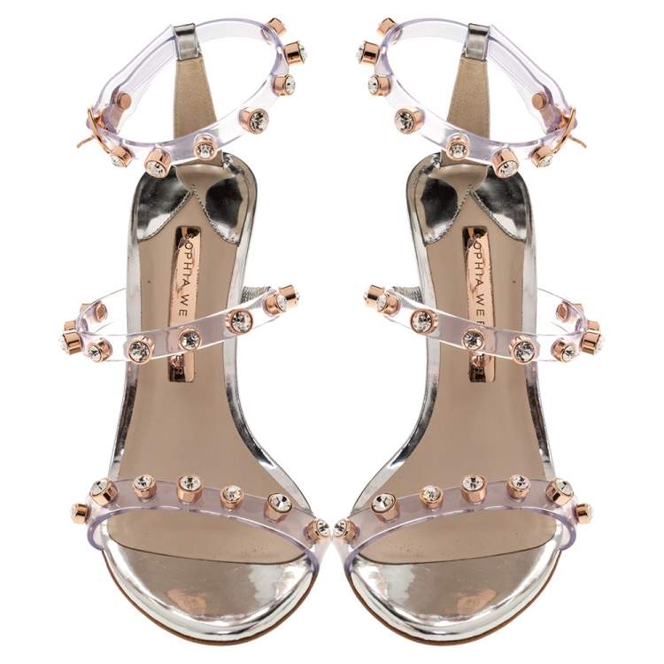 Pre Owned Sophia Webster Sliver Leather And PVC Crystal Embellished Ankle Strap Sandals Size 37