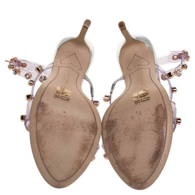 Pre Owned Sophia Webster Sliver Leather And PVC Crystal Embellished Ankle Strap Sandals Size 37